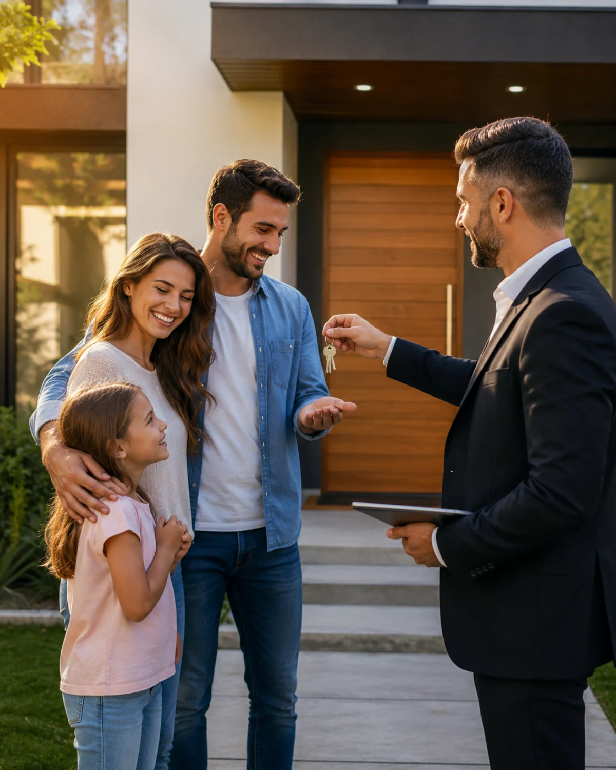 Family receiving keys to their new home from a real estate agent