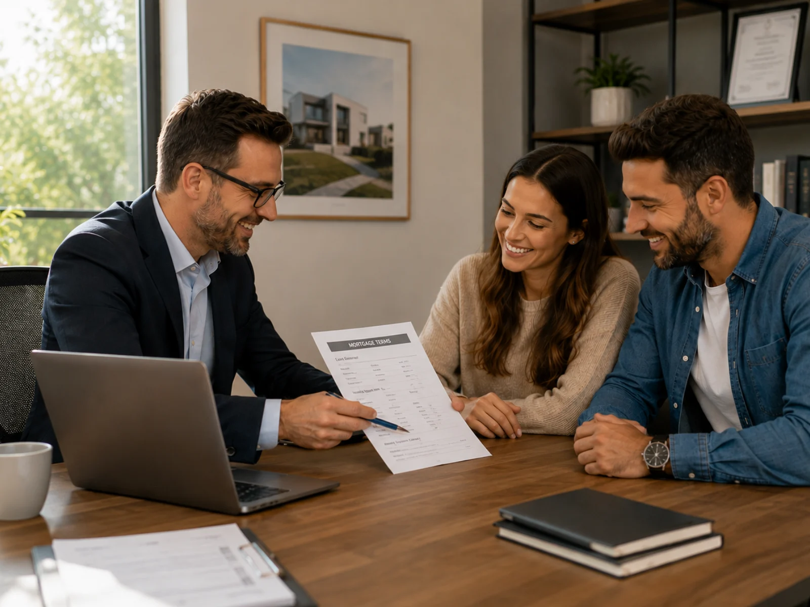 Mortgage specialist reviewing terms with a happy couple