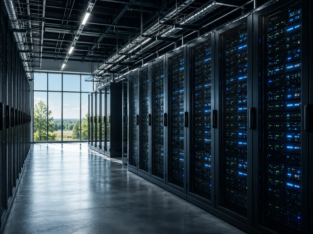 Modern data center hall with rows of illuminated server racks and a window opening onto trees and sky