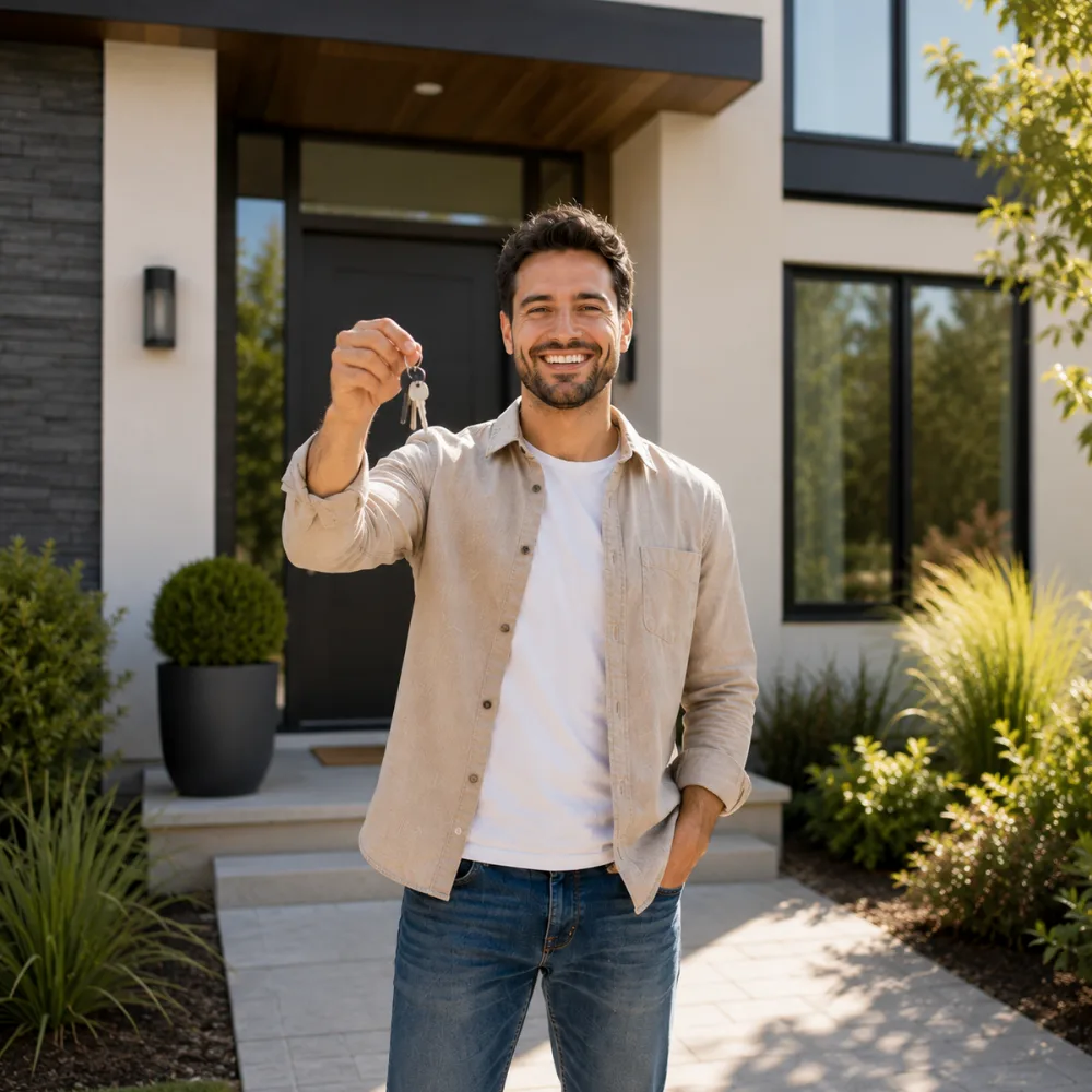 Happy homeowner holding keys on the doorstep of their new home