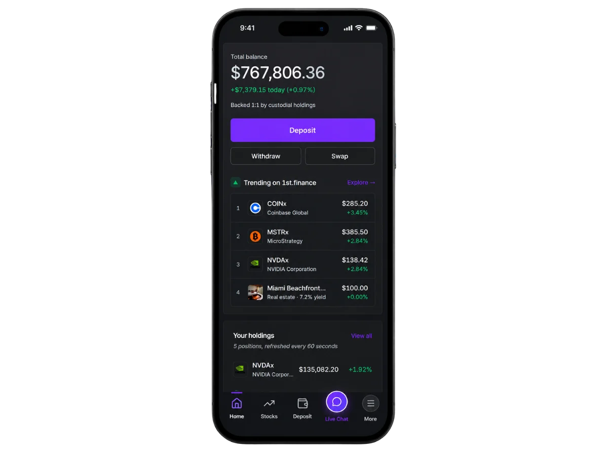 1st.finance mobile app — total balance, trending stocks, and holdings