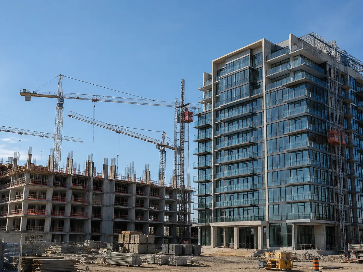 Real estate development site with cranes and a newly built glass residential tower