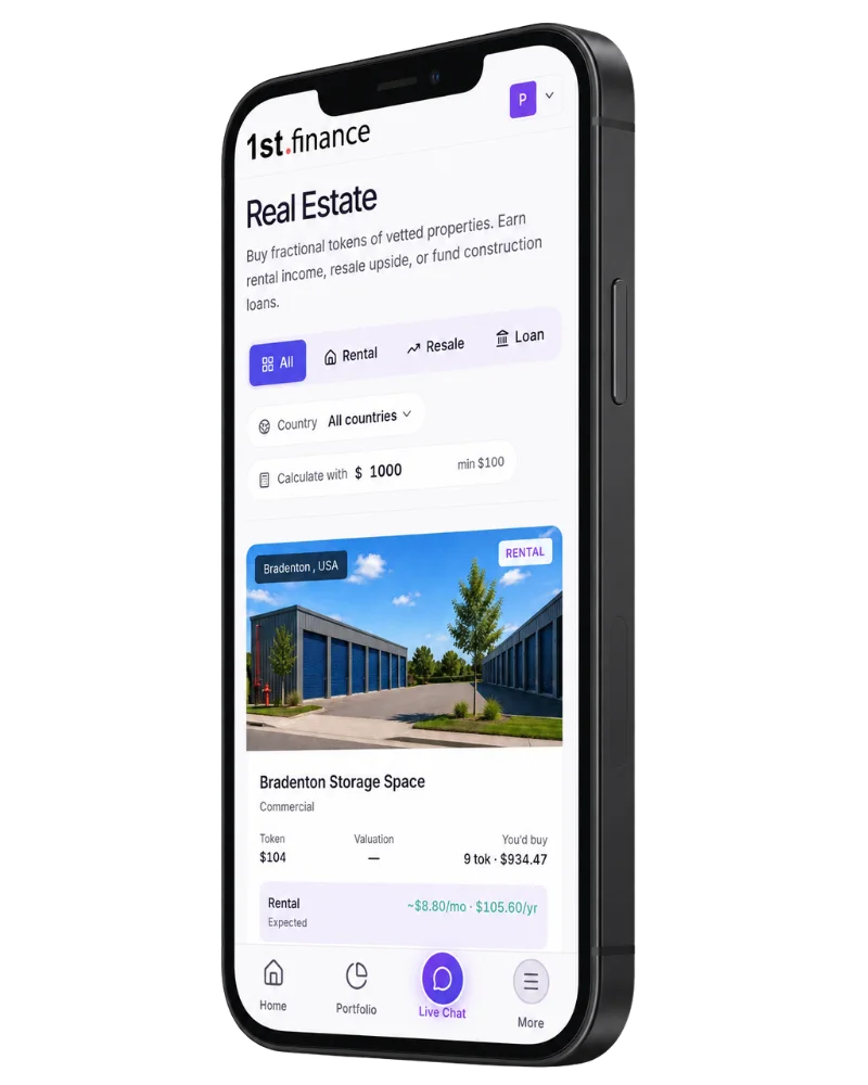 1st.finance app showing tokenized real estate listings