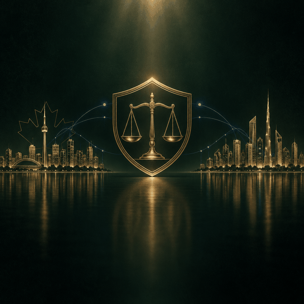 Gold scales of justice inside a shield, linking a Canadian and a United States skyline to show regulation in both countries